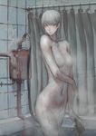  :| bangs bathing bathroom bathtub breasts censored cleavage closed_mouth convenient_censoring cracked_wall grey_hair highres indoors jittsu long_hair looking_away looking_down medium_breasts navel nude original pale_skin russian shower_curtain shower_head solo steam steam_censor tile_wall tiles translation_request wading water wet white_eyes white_hair 