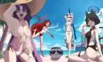  1boy 4girls absurdres animal_ears arisaka ass bakeneko bare_arms bare_back bare_hips bare_legs bare_shoulders barefoot beach bikini bird black_bikini black_choker black_halo black_horns black_one-piece_swimsuit blindfold blue_archive blue_halo blue_sky body_markings bolt_action breasts buried cat_ears cat_tail choker cleavage cloud coat collarbone cooler criss-cross_halter day doodle_sensei_(blue_archive) dragon_tail eating eyeliner eyeshadow floral_print food gradient_halo gun hair_intakes halo halterneck highres holding holding_gun holding_weapon horns ice_cream jacket kaba_(hama) kikyou_(blue_archive) large_breasts large_hat long_hair looking_at_viewer low_twintails makeup medium_breasts multicolored_halo multiple_girls multiple_tails nagusa_(blue_archive) narrow_waist navel ocean one-piece_swimsuit open_clothes open_coat open_mouth outdoors outstretched_arms outstretched_hand panicking parted_bangs partially_buried popsicle print_coat purple_eyes purple_hair red_eyeliner red_eyes red_eyeshadow red_hair red_halo red_tail renge_(blue_archive) rifle sand see-through_clothes see-through_jacket see-through_shirt see-through_sleeves sensei_(blue_archive) shade shirt short_hair side-tie_bikini_bottom single_horn sitting sky standing string_bikini sunglasses sunlight surprised swimsuit tail tank_top thigh_strap thighs through_ground tree twintails two_tails uvula variant_set walking wariza water weapon white_bikini white_coat white_hair white_halo white_tank_top wide-eyed winding yellow_eyes yukari_(blue_archive) 