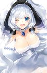 ;d absurdres azur_lane bangs blue_eyes breasts cleavage commentary_request dress gloves hair_ribbon hat highres illustrious_(azur_lane) kou_mashiro large_breasts long_hair mole mole_under_eye one_eye_closed open_mouth ribbon smile tress_ribbon white_dress white_gloves white_hair 