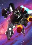  aiming aiming_at_viewer battle beam_rifle char&#039;s_counterattack commentary_request duel earth_federation energy_gun fake_screenshot glowing glowing_eyes grenade_launcher gundam highres mecha mecha_focus milky_way missile mobile_suit no_humans radio_antenna re-gz robot smoke space star_(sky) thrusters tomohawe1250 weapon zero_gravity 