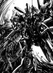  absurdres beam_cannon cable damaged dirty greyscale gundam highres machinery marker_(medium) mecha mecha_focus mobile_suit monochrome palace_athene robot science_fiction sketch the_o_(mobile_suit) titans_(gundam) traditional_media zandan_zero_to_na!? zeta_gundam 