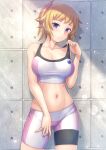  1girl ass_visible_through_thighs blonde_hair blue_eyes blush breasts cleavage gundam gundam_build_fighters gundam_build_fighters_try hair_ornament hair_scrunchie hoshino_fumina large_breasts looking_at_viewer parted_lips ponytail ryu-akt scrunchie shorts solo sports_bra 