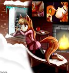  2017 absurd_res anibaruthecat animal_humanoid apple cigarette clothed clothing eyes_closed feet female fire fireplace food fruit hair hi_res holding_object horo humanoid inside long_hair smoking solo spice_and_wolf 