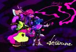  1boy 1girl 1other absurdres axe black_pants blue_skin bracelet colored_skin copyright_name deltarune finger_gun full_body furry furry_female furry_male fuyodo glasses green_hat hat heart highres holding holding_axe holding_sword holding_weapon jewelry kris_(deltarune) pants pink_scarf purple_skin ralsei round_eyewear scarf sharp_teeth signature spiked_bracelet spikes susie_(deltarune) sword teeth weapon yellow_teeth 