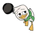  4_fingers anthro avian bird clothing digital_media_(artwork) dot_eyes duck ducktales ducktales_(2017) feathers flowerimh frying_pan half-closed_eyes hoodie jumping louie_duck male pose smile white_feathers 