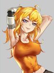  ahoge armpits arms_up blonde_hair blush breasts collarbone commentary_request covered_nipples don_(rg06268) eyebrows_visible_through_hair grey_background highres large_breasts long_hair looking_at_viewer mechanical_arm midriff navel open_mouth orange_tank_top prosthesis purple_eyes rwby shiny shiny_hair shiny_skin shirt simple_background smile solo sweat tank_top taut_clothes taut_shirt teeth upper_body wavy_hair yang_xiao_long 