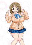  :d belly blush breasts brown_eyes brown_hair cardigan curvy hair_ornament idolmaster idolmaster_cinderella_girls large_breasts masara_(masalucky2010) mimura_kanako open_mouth plaid plaid_skirt plump short_hair skirt smile solo standing thick_thighs thighs v 