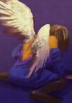  1other angel_wings bare_back black_pantyhose blue_robe broken_leg brown_hair facing_away frisk_(undertale) fuyodo gradient_background kneeling long_sleeves other_focus pantyhose purple_background robe short_hair solo undertale white_wings wings 