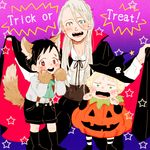  animal_ears black_hair black_legwear blonde_hair blue_eyes brown_eyes cape child fangs gloves green_eyes halloween hat katsuki_yuuri kneehighs kneeling male_focus multiple_boys open_mouth paw_gloves paws pumpkin_costume shorts silver_hair smile star suspenders tail teenage trick_or_treat ure_p viktor_nikiforov witch_hat wolf_ears wolf_paws wolf_tail younger yuri!!!_on_ice yuri_plisetsky 