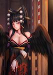  bangs bird_wings black_hair black_wings blunt_bangs breasts cleavage commentary_request dead_or_alive dead_or_alive_5 detached_sleeves hair_ornament hat hime_cut japanese_clothes large_breasts long_hair looking_at_viewer mole mole_under_mouth nyotengu purple_eyes shoron solo strapless tokin_hat wings 