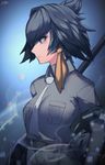  bangs belt black_gloves breast_pocket commentary_request fingerless_gloves fixro2n gloves green_eyes grey_hair grey_shirt highres kemono_friends necktie pocket profile sandstar serious shirt shoebill_(kemono_friends) short_hair signature solo white_neckwear 