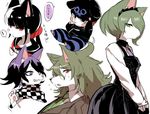  2girls 3boys animal animal_ears animalization bangs black_dress black_gloves black_hair blush_stickers brown_hair cat checkered_scarf danganronpa dog dress eyewear glasses gloves gokuhara_gonta green_eyes green_hair hair_over_one_eye harukawa_maki hat headdress horned_headwear hoshi_ryouma jacket leather_jacket long_hair maid maid_headdress matching_hair/eyes multiple_boys multiple_girls new_danganronpa_v3 ouma_kokichi pants purple_eyes purple_hair red_eyes scarf school_uniform serafuku shirt short_hair side_bangs striped striped_pants suit suurin_(ksyaro) tied_hair toujou_kirumi twintails uniform 