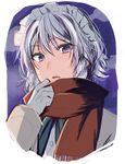  asa_(coco) blue_eyes braid commentary eyebrows_visible_through_hair gloves izayoi_sakuya long_sleeves looking_at_viewer maid_headdress parted_lips red_scarf scarf short_hair silver_hair single_braid touhou upper_body white_gloves 