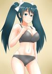  30-06 aqua_eyes black_bra black_hair black_panties bra breasts brown_background hair_ribbon hand_on_own_chest highres isuzu_(kantai_collection) kantai_collection large_breasts long_hair panties ribbon solo twintails underwear underwear_only 