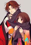  1girl bangs black_sclera blush brown_eyes brown_hair couple covering_mouth earrings enpera eyebrows_visible_through_hair grey_background hetero japanese_clothes jewelry koumei_(sangoku_rensenki) long_sleeves looking_at_another parted_bangs protected_link sangoku_rensenki sash scarf scarf_over_mouth shared_scarf signature simple_background smile sweater upper_body wide_sleeves yamada_hana yuuki_mitsuru 