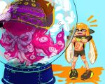  1girl agent_3_(splatoon) air_bubble armor black_footwear black_shorts breasts bubble closed_eyes clothes_lift dj_octavio full_body fuyodo happy helmet inkling japanese_armor kabuto_(helmet) long_hair navel open_mouth orange_hair scared shirt_lift shorts splatoon_(series) suction_cups tentacle_hair underboob very_long_hair 