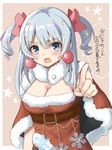  belt blue_eyes blue_hair blush breasts cape cleavage commentary_request earrings hair_ribbon highres jewelry komebeni large_breasts magia_record:_mahou_shoujo_madoka_magica_gaiden mahou_shoujo_madoka_magica minami_rena open_mouth pointing pointing_at_viewer ribbon santa_costume snowflakes star translation_request 