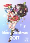  2017 :d animal_hat bell bell_choker between_breasts black_footwear blue_eyes blue_hair blush boots box breasts candy candy_cane cat_hat center_frills choker christmas christmas_ornaments dress english eyebrows_visible_through_hair food full_body gift gift_box gingerbread_man gloves hair_between_eyes hair_ribbon hat high_heels holding holly knee_boots leg_up looking_at_viewer medium_breasts merry_christmas number open_mouth re:zero_kara_hajimeru_isekai_seikatsu red_dress red_gloves rem_(re:zero) ribbon sack santa_costume smile snow snow_globe snowflakes snowing solo standing standing_on_one_leg striped striped_ribbon xiao_yao_xiong_(xy450425885) 