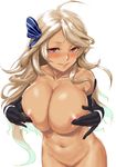  ahoge areolae azur_lane black_gloves black_hair blush breasts brooklyn_(azur_lane) closed_mouth collarbone commentary_request covering_nipples dark_skin elbow_gloves gloves gradient_hair hair_ribbon highres huge_breasts light_blue_hair light_brown_hair lips long_hair looking_at_viewer multicolored_hair navel nude red_eyes ribbon simple_background solo tomiokasena very_long_hair wavy_hair white_background 