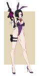  1girl absurdres animal_ears black_hair breasts chest_rig detached_collar fake_animal_ears finger_on_trigger full_body gun hair_over_one_eye headset high_heels highleg highleg_leotard highres holding holding_gun holding_weapon holster large_breasts leotard looking_at_viewer mole mole_under_eye necktie original playboy_bunny rabbit_ears red_eyes red_necktie short_hair solo tactical_playboy_bunny tanke_laide thigh_holster two-tone_background weapon weapon_request wrist_cuffs 