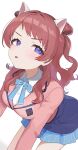  1girl :p animal_ears blazer blue_overskirt blue_ribbon blue_skirt blush breasts cat_ears gakuen_idolmaster hanami_saki hashtag-only_commentary hatsuboshi_gakuen_school_uniform highres idolmaster jacket kemonomimi_mode long_hair long_sleeves looking_at_viewer medium_breasts monemasu neck_ribbon pink_hair pleated_skirt red_hair ribbon school_uniform shirt simple_background skirt solo tongue tongue_out white_background white_shirt 