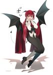  :d alternate_hairstyle artist_name bangs black_footwear black_skirt black_wings breasts demon_girl demon_tail demon_wings eyebrows_visible_through_hair floating full_body hands_on_own_cheeks hands_on_own_face hands_up head_wings highres koakuma loafers long_hair long_skirt looking_at_viewer low_wings medium_breasts namauni necktie open_mouth pantyhose ponytail red_eyes red_hair red_neckwear red_scarf scarf shadow shoes simple_background skirt skirt_set smile solo tail touhou vest white_background wings 
