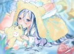  1girl :3 animal animal_ears aoizorachi bear bed blanket blue_eyes blue_hair blush canopy_bed collared_shirt commentary cub curtains fake_animal_ears fake_tail frilled_pillow frills frown fur-trimmed_sleeves fur_trim heart heart-shaped_pillow holding holding_animal looking_at_viewer lying marumofubiyori moon_(ornament) nibbling on_stomach open_mouth pajamas pillow plant polar_bear polka_dot_blanket project_sekai purple_pajamas red_pillow sanrio shirt signature star_ornament tail yellow_blanket yellow_pillow yoisaki_kanade 