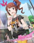  blush brown_hair ice_cream idolmaster idolmaster_million_live! idolmaster_million_live!_theater_days long_hair shirt shorts side_ponytail violet_eyes yokoyama_nao 