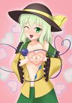  ;d absurdres black_hat blue_eyes breasts collarbone commentary_request cowboy_shot green_eyes green_hair green_skirt hat hat_ribbon heart heart-shaped_boob_challenge heart_background heart_of_string highres komeiji_koishi looking_at_viewer navel nipples off_shoulder one_eye_closed open_clothes open_mouth open_shirt ribbon shandougen_shimifu shirt skirt small_breasts smile solo third_eye touhou yellow_ribbon you're_doing_it_wrong 