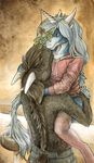  2017 anthro bar bar_stool black_body black_hair blue_body blue_hair blue_skin bottomless christmas clothed clothing cuddling desk dragon dreit duo eskimo_kiss eye_contact female green_eyes hair happy heartwarming holidays hoodie horn hug inside intimate knee_socks legwear long_hair love male male/female mistletoe multicolored_skin no_pupils nose_kiss pants plant realistic romantic romantic_couple samantha-dragon samantha_(samantha-dragon) scalie simple_background sitting size_difference smile socks standing tail_tuft tender textured_background topless touching_noses traditional_media_(artwork) tuft two_tone_skin unicorn_horn warm watercolor_(artwork) white_horn 