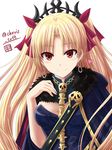  bangs between_breasts blonde_hair blue_cloak blue_dress breasts brown_eyes closed_mouth dress earrings ereshkigal_(fate/grand_order) eyebrows_visible_through_hair fate/grand_order fate_(series) fur-trimmed_cloak hair_ribbon hand_up haura_akitoshi heart hoop_earrings jewelry long_hair looking_at_viewer medium_breasts parted_bangs print_dress red_eyes red_ribbon ribbon simple_background skull smile solo spine tiara twitter_username two_side_up upper_body white_background 