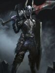  1other armor black_background black_knight_(dark_souls) breastplate commentary_request dark_souls_(series) dark_souls_i fake_horns faulds feet_out_of_frame fog full_armor gauntlets greatsword greaves helm helmet holding holding_shield holding_sword holding_weapon horned_helmet horns knight miso_katsu over_shoulder shield standing sword weapon weapon_over_shoulder 