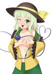  ;d absurdres black_hat blue_eyes breasts collarbone commentary_request cowboy_shot green_eyes green_hair green_skirt hat hat_ribbon heart heart-shaped_boob_challenge heart_of_string highres komeiji_koishi looking_at_viewer navel nipples off_shoulder one_eye_closed open_clothes open_mouth open_shirt ribbon shandougen_shimifu shirt simple_background skirt small_breasts smile solo third_eye touhou white_background yellow_ribbon you're_doing_it_wrong 