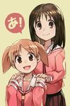  :d azumanga_daiou brown_eyes brown_hair brown_skirt child closed_mouth hankuri height_difference holding_hands kasuga_ayumu long_hair long_sleeves looking_at_viewer mihama_chiyo multiple_girls open_mouth pink_shirt pleated_skirt school_uniform serafuku shirt short_hair simple_background skirt smile speech_bubble standing twintails yellow_background 