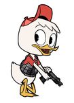  4_fingers anthro avian bird bulletproof_vest clothing digital_media_(artwork) dot_eyes duck ducktales ducktales_(2017) feathers flowerimh gun handgun hat huey_duck kneeling male open_mouth pose ranged_weapon shirt simple_background solo standing weapon white_background white_feathers 