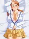  1girl bed blush breasts brown_eyes brown_hair cleavage large_breasts looking_at_viewer lying on_back parted_lips pillow skirt solo tomite 