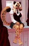  2017 anthro breasts claws clothed clothing feline female fur green_eyes hair hyena leopard mammal mechamerc paws sitting skirt spots spotted_hyena temple velvet young 