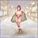 bare_shoulders boots breasts brown_eyes brown_hair cleavage exhibitionism fishnet_legwear fishnets large_breasts looking_at_viewer navel nipples original pearl_thong public_nudity smile snow solo sonota_taisei thighhighs 