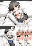  2girls ahoge anger_vein angry artoria_pendragon_(all) bed bed_sheet black_hair blonde_hair blush breasts comic commentary eyebrows_visible_through_hair faceless faceless_male fate/grand_order fate_(series) fujimaru_ritsuka_(male) fur_trim ginhaha grey_hair hair_between_eyes hug jeanne_d'arc_(alter)_(fate) jeanne_d'arc_(fate)_(all) multiple_girls nose_blush saber_alter short_hair spoken_person under_covers wicked_dragon_witch_ver._shinjuku_1999 wide_sleeves yellow_eyes 