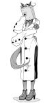  1girl absurdres agnes_tachyon_(umamusume) ahoge animal_ears bag bag_over_head caduceus cosplay cross earrings faust_(guilty_gear) faust_(guilty_gear)_(cosplay) full_body greek_cross greyscale guilty_gear high_heels highres horse_ears horse_tail huge_ahoge jewelry kimihitsuji lab_coat long_sleeves monochrome necktie paper_bag screw single_earring sleeves_past_fingers sleeves_past_wrists solo standing tail tie_clip umamusume 