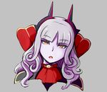  :o bangs blunt_bangs carmilla_(fate/grand_order) commentary_request cravat cropped_torso curly_hair eyebrows_visible_through_hair fate/grand_order fate_(series) grey_background head_tilt high_collar horns long_hair looking_at_viewer nav parted_lips portrait purple_hair purple_skin red_neckwear simple_background slit_pupils solo supportasse upper_body yellow_eyes 