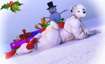  2017 3d_(artwork) anthro bear bikini brown_eyes butt claws clothed clothing digital_media_(artwork) dutch_angle female footwear fur gift hair hat high_heels looking_at_viewer lying mammal mistletoe on_front plant polar_bear shoes simple_background skimpy smile snow snowman solo string_bikini swimsuit top_hat voluptuous white_fur white_hair xrayzebra4 