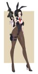  1girl absurdres animal_ears black_hair breasts chest_rig detached_collar fake_animal_ears finger_on_trigger full_body gun hair_over_one_eye headset high_heels highleg highleg_leotard highres holding holding_gun holding_weapon holster large_breasts leotard looking_at_viewer mole mole_under_eye necktie original pantyhose playboy_bunny rabbit_ears red_eyes red_necktie short_hair solo tactical_playboy_bunny tanke_laide thigh_holster two-tone_background weapon weapon_request wrist_cuffs 