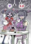  2girls bow breasts capcom crossover extra_arms extra_eyes fangs han_juri hearts monster_girl muffet multiple_girls purple_skin ribbon spider spider_girl spider_web street_fighter tea twintails undertale 