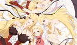  :&lt; armpits artist_request bangs bare_shoulders blonde_hair blunt_bangs breasts brown_hair cleavage closed_eyes collarbone dress feathers gloves highres kiss-shot_acerola-orion_heart-under-blade kizumonogatari large_breasts lipstick long_hair looking_at_viewer lying makeup monogatari_(series) multiple_girls multiple_persona official_art older on_back on_side parted_lips pointy_ears ponytail red_gloves short_hair sleeveless sleeveless_dress small_breasts vampire white_dress white_gloves yellow_eyes younger 