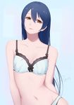  arms_at_sides bangs blue_background blue_bra blue_hair blue_panties bon_nob bra breasts cleavage commentary_request hair_between_eyes long_hair looking_at_viewer love_live! love_live!_school_idol_project navel panties simple_background small_breasts solo sonoda_umi underwear underwear_only yellow_eyes 