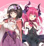  :d ;d asymmetrical_horns bangs black_hair blue_eyes blush breasts commentary_request curled_horns elizabeth_bathory_(fate) elizabeth_bathory_(fate)_(all) fate/extra fate/extra_ccc fate_(series) glasses hairband japanese_clothes large_breasts long_hair looking_at_viewer low_twintails masayo_(gin_no_ame) multiple_girls one_eye_closed open_mouth osakabe-hime_(fate/grand_order) pink_hair purple_eyes red-framed_eyewear semi-rimless_eyewear smile twintails very_long_hair 