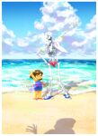  1other 2boys arm_up beach blue_one-piece_swimsuit brown_hair cloud day flip-flops frisk_(undertale) full_body fuyodo grin innertube male_swimwear multiple_boys ocean one-piece_swimsuit open_clothes open_shirt outdoors papyrus_(undertale) sandals sans_(undertale) shirt skeleton sky smile standing swim_briefs swim_ring swimsuit undertale waving white_shirt 