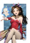  1boy 1girl absurdres aerith_gainsborough aerith_gainsborough_(terra&#039;s_garb) bare_shoulders blush border breasts brown_hair cape clown cosplay crossed_legs detached_sleeves dress earrings final_fantasy final_fantasy_vi final_fantasy_vii final_fantasy_vii_ever_crisis green_eyes hair_ornament hair_ribbon highres in-franchise_crossover jewelry kefka_palazzo long_hair looking_at_viewer medium_breasts moogle open_mouth outdoors outstretched_hand pantyhose print_pantyhose ribbon sash sitting smile snow snowing strapless strapless_dress terra_branford terra_branford_(cosplay) tube_dress waist_sash white_border yellow_cape zupakyo 