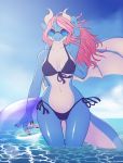  2018 5_fingers anthro bikini blue_body breasts clothed clothing cloud countershade_torso countershading dragon eyewear female front_view fully_clothed hair hand_behind_head holding_tail horn long_hair looking_at_viewer membranous_wings midriff multicolored_body navel non-mammal_breasts outside partially_submerged pink_hair purple_eyes scalie sky smile solo standing sunglasses swimsuit two_tone_body water white_body wings zkelle 